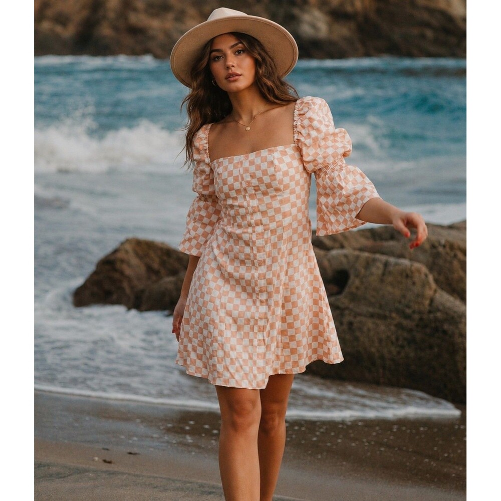 WAYF Juliet Sleeve Linen Blend Mini Dress Peach Cream Checker Print Womens XL